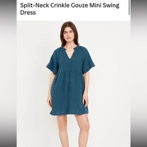 Teal Split-Neck Crinkle Gauze Mini Swing Dress